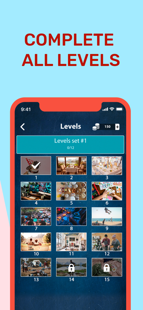Picture Crossword: Find Words - A menu showing a grid of different levels with image thumbnails in the Picture Crossword game