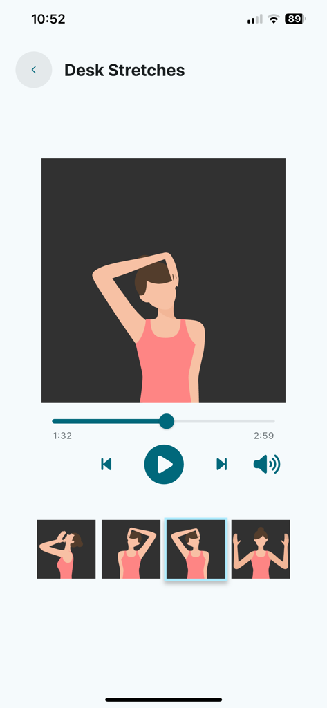 PosePro: Postural assessment - Desk stretches video interface in PosePro app with neck exercise illustrations