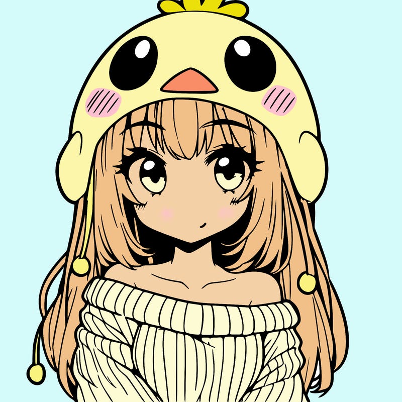 anime girl with chick shaped hat with sweater with bare shoulders with bangs covering them one eye with low tail