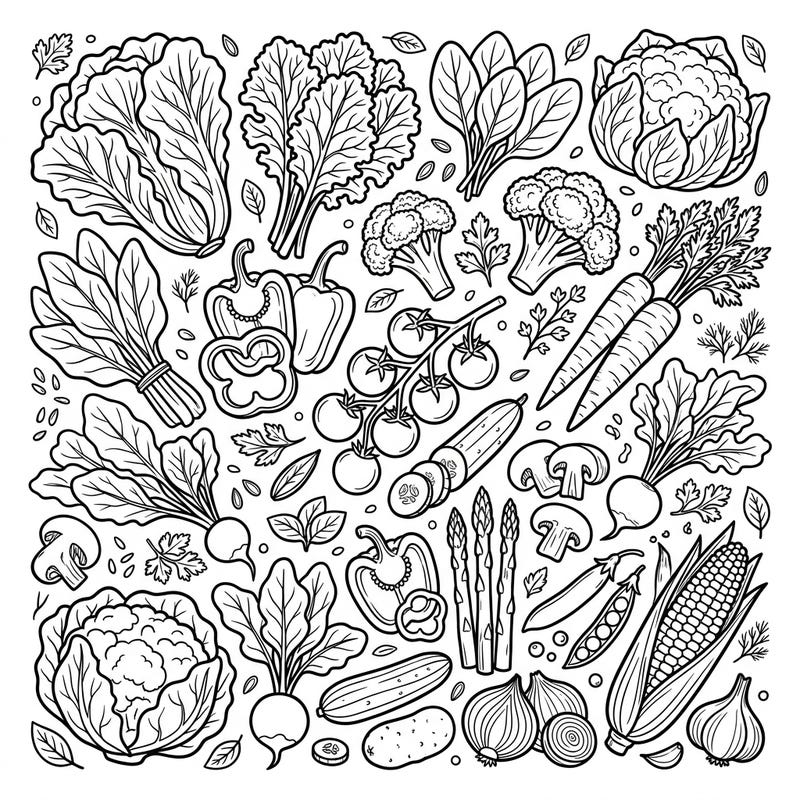 Dive into a garden of goodness with this vibrant coloring page featuring a medley of delicious vegetables and fresh salad components. Perfect for anyone who loves healthy eating and creative expression, offering a fun and relaxing artistic escape.