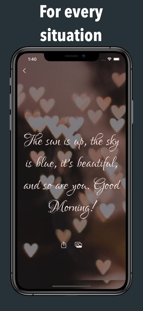 Love Quotes - Daily Reminders - Tela do smartphone exibindo uma citação romântica de Bom Dia sobre um fundo de corações
