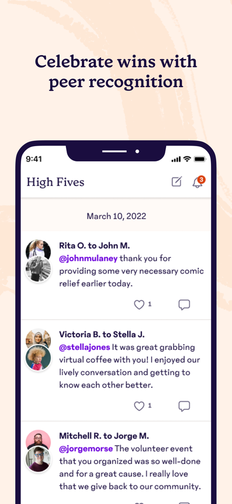The 15Five app interface showing the High Fives feed for employee peer recognition and wins