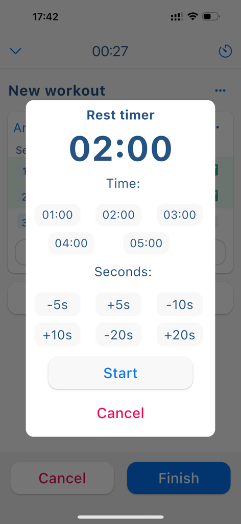Smart Gym Workout Tracker - Interface do recurso de cronômetro de descanso no aplicativo Smart Gym Workout Tracker