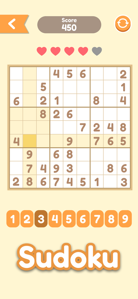 Schermata del gioco puzzle Sudoku con una griglia di numeri e punteggio dall'app "Giochi Offline senza Internet"