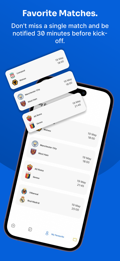 Predibets: Betting Predictions - Predibets app screen showing favorite football matches and kick-off notifications