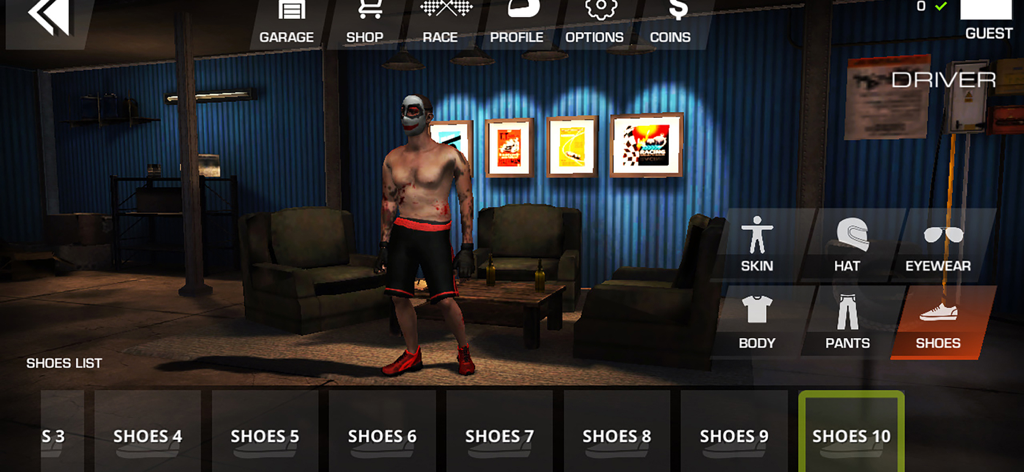 Xtreme Wheels - Character customization menu in Xtreme Wheels showing shoe options for the driver