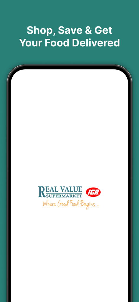 Real Value IGA Online Store - Splash screen of the Real Value IGA Online Store mobile app showing the supermarket logo and the tagline Shop Save and Get Your Food Delivered.