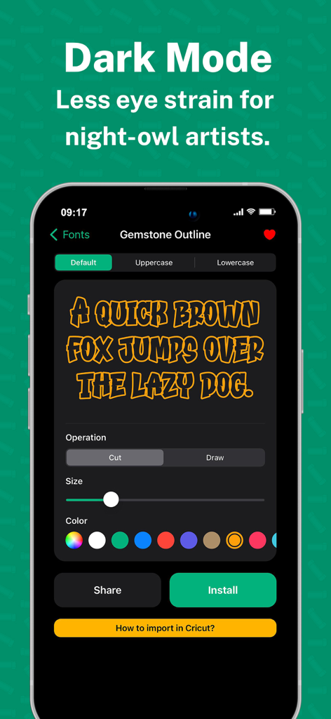 Interfaccia dell'app che mostra un'anteprima dei font e opzioni di personalizzazione in modalità scura.