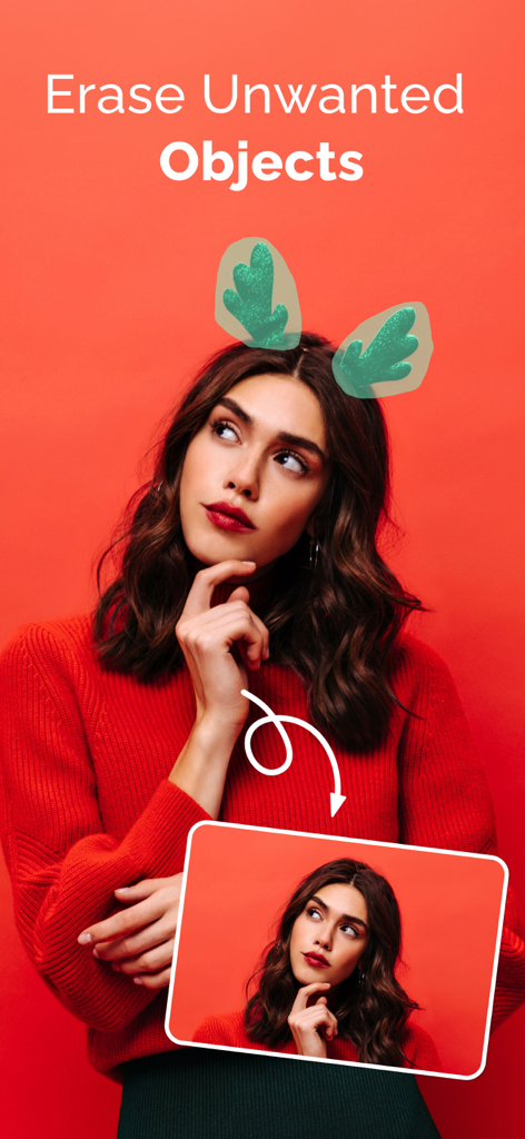 AI Art Photo Editor, GIF Maker - Uma demonstração do recurso de remoção de objetos de IA apagando chifres de rena verdes do retrato de uma mulher