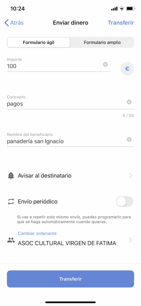 ABANCA Empresas - Interfaz móvil de la app ABANCA Empresas mostrando un formulario de transferencia de dinero en español