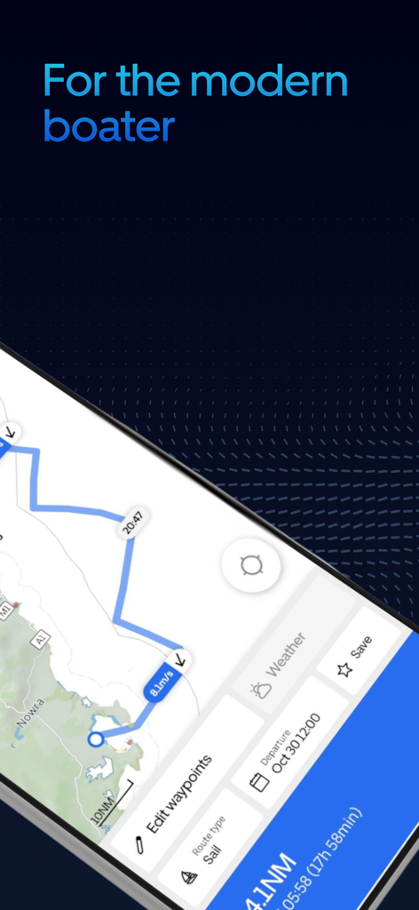 Uno smartphone mostra l'app GPS per barche Orca con un itinerario di navigazione pianificato e dettagli del viaggio