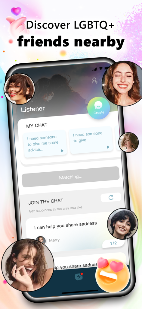 L-feeling - Interfaz de la aplicación L-feeling mostrando una pantalla de chat para descubrir y conectarse con amigas LGBTQ+ cercanas.