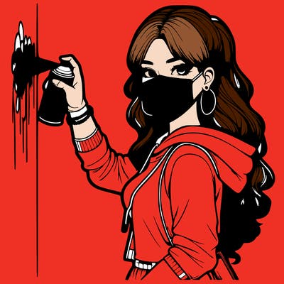 realistic girl with mask spray painting a wall