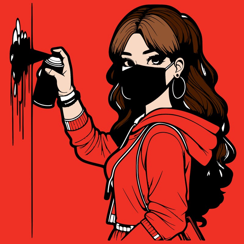 realistic girl with mask spray painting a wall