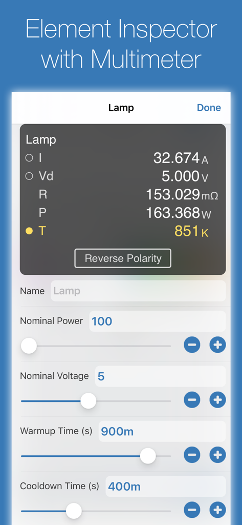 iCircuit - Interface of the iCircuit element inspector with multimeter readings for a lamp component.