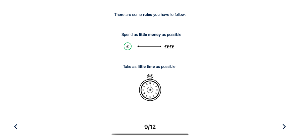 OxMET - Screen showing instructions and rules for the OxMET shopping assessment task including minimizing money spent and time taken.