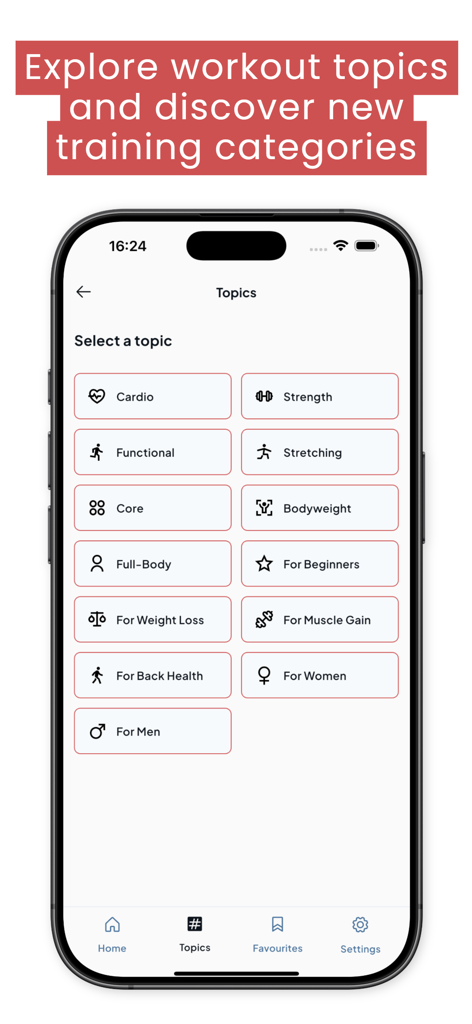 SeniorMatch - Interfaz de la aplicación SeniorMatch mostrando varias categorías de entrenamiento como fuerza cardiovascular y estiramientos