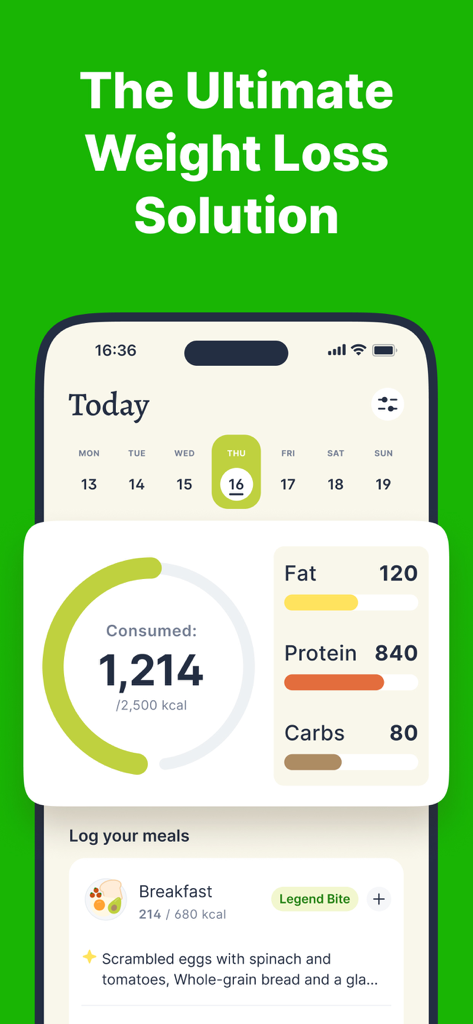 Panel de control de la aplicación Goodbite que muestra una ingesta calórica diaria de 1,214 de 2,500 kcal con desglose de macros para grasas, proteínas y carbohidratos.