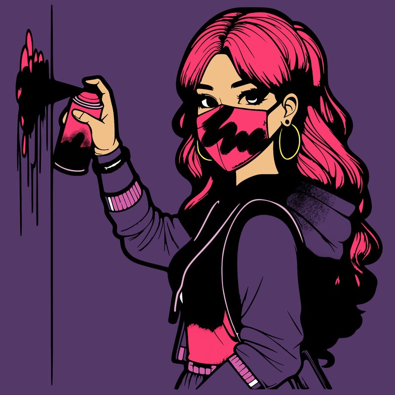 realistic girl with mask spray painting a wall