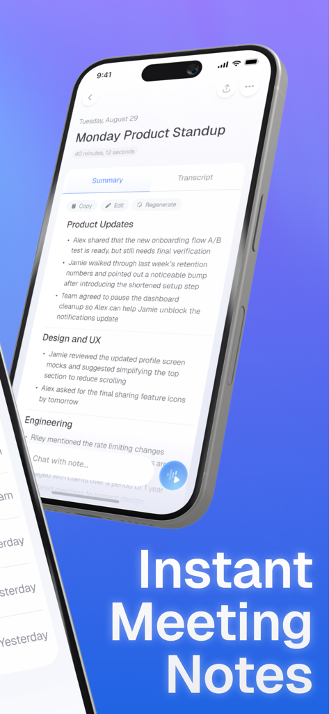 iPhone displaying a professional AI-generated meeting summary from a product standup in the Cluely app