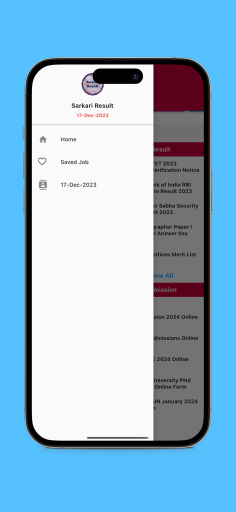 Sarkari Result - A screenshot of the Sarkari Result mobile app showing the navigation side menu with Home and Saved Job options.