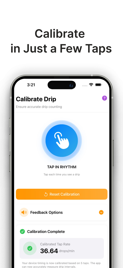Drip Rate Infusion Calculator - Manual IV drip rate calibration screen in the DripRate Pro app