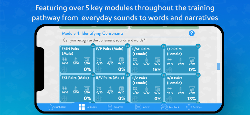 Hearoes - Empower Your Hearing - Hearoes app interface showing the identifying consonants module with progress tracking for various speech sound pairs.