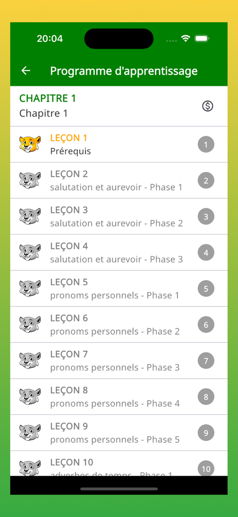 Interface showing the Bibala app learning program with a list of lessons for Chapter 1
