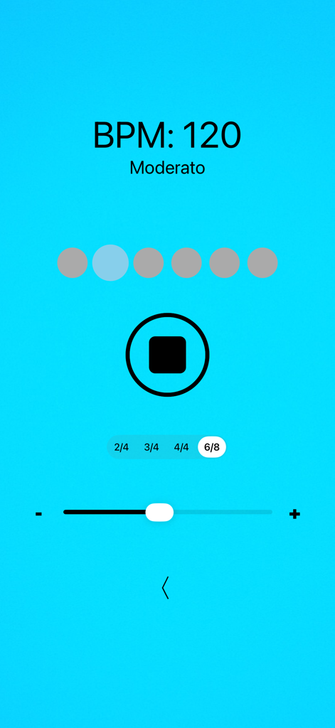 Interfaz del metrónomo en la aplicación Afinador de Viola Básico que muestra 120 BPM