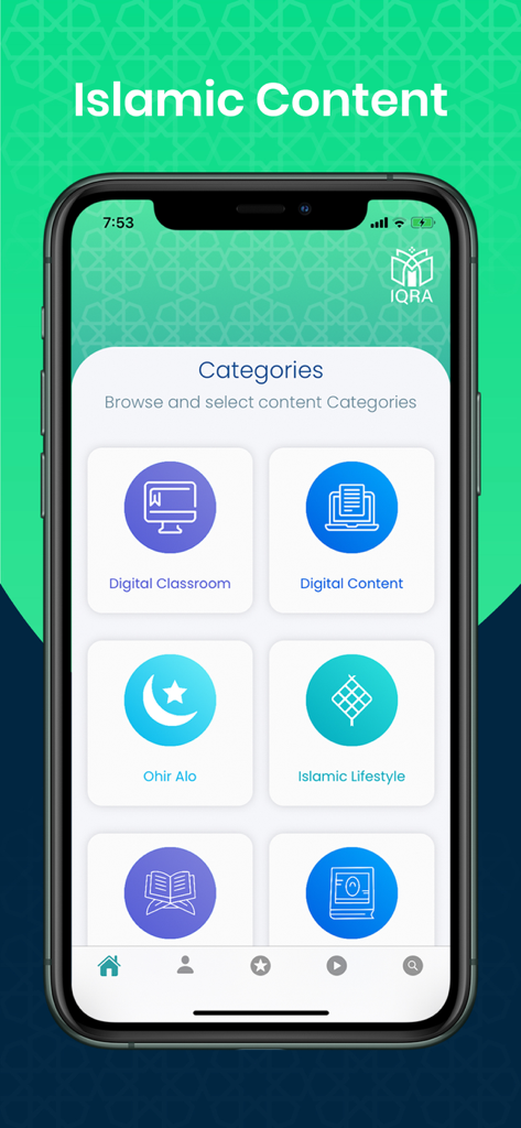 IQRA mobile app home screen showing various Islamic content categories including Digital Classroom and Digital Content