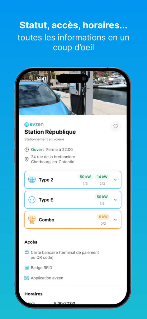 EVzen Charge - Screenshot of EVzen Charge app showing electric vehicle charging station details and availability.