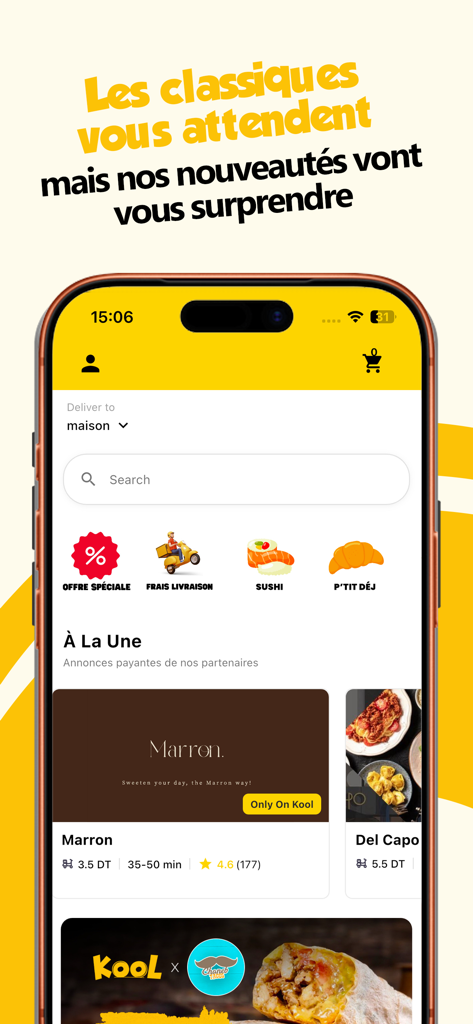 Kool Delivery - Kool Delivery app home screen showing restaurant cards and food categories in French
