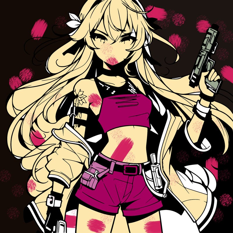bad girl wearing crop top holding a gun long hair anime