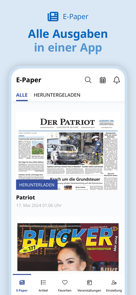 Der Patriot Lippstadt - Screenshot of the Der Patriot Lippstadt news app showing the digital e-paper editions and local magazines.