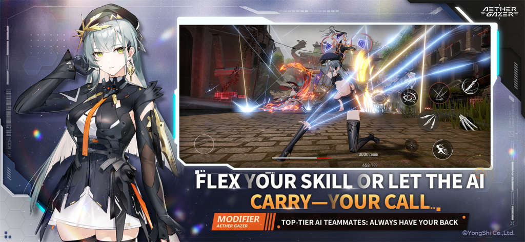 Aether Gazer - Aether Gazer promotional screenshot showing fast-paced action combat and an anime style character modifier