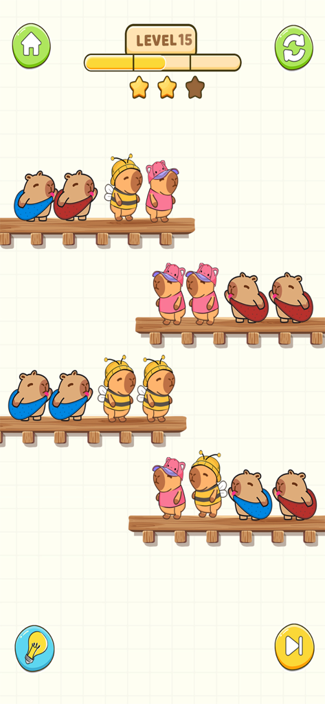 Gameplay screenshot of Capy Rush Race Draw Puzzle showing cute capybaras in costumes on platforms