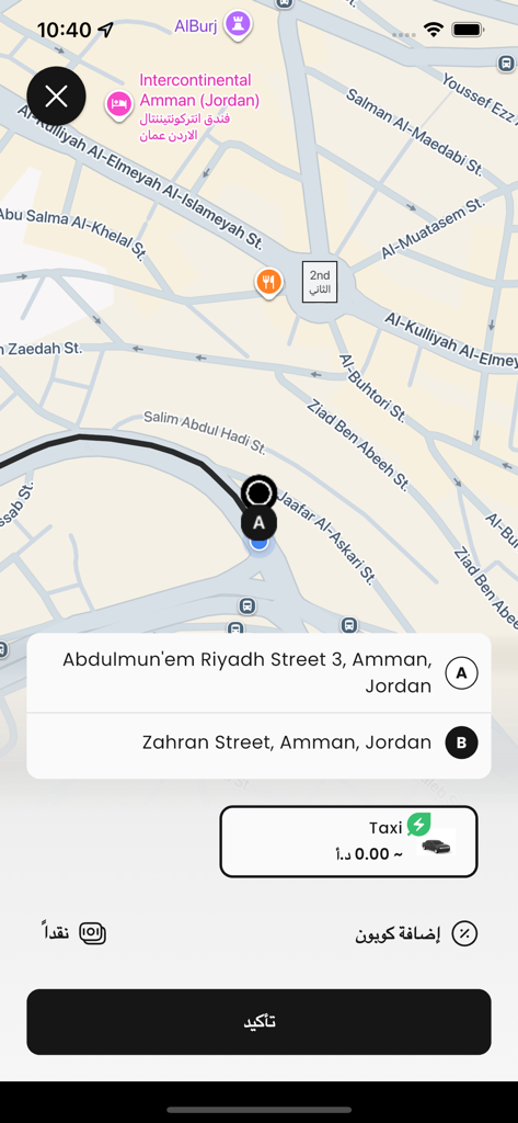 Map view in the Droob app showing a selected ride route and taxi option in Arabic.