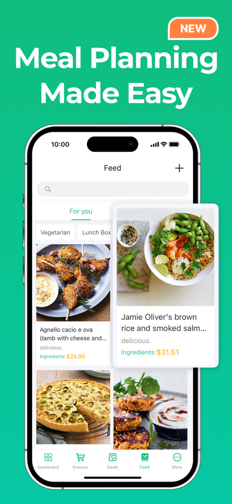 WiseList - WiseListアプリの画面。レシピフィードと食材価格が表示され、簡単な食事計画が可能です。
