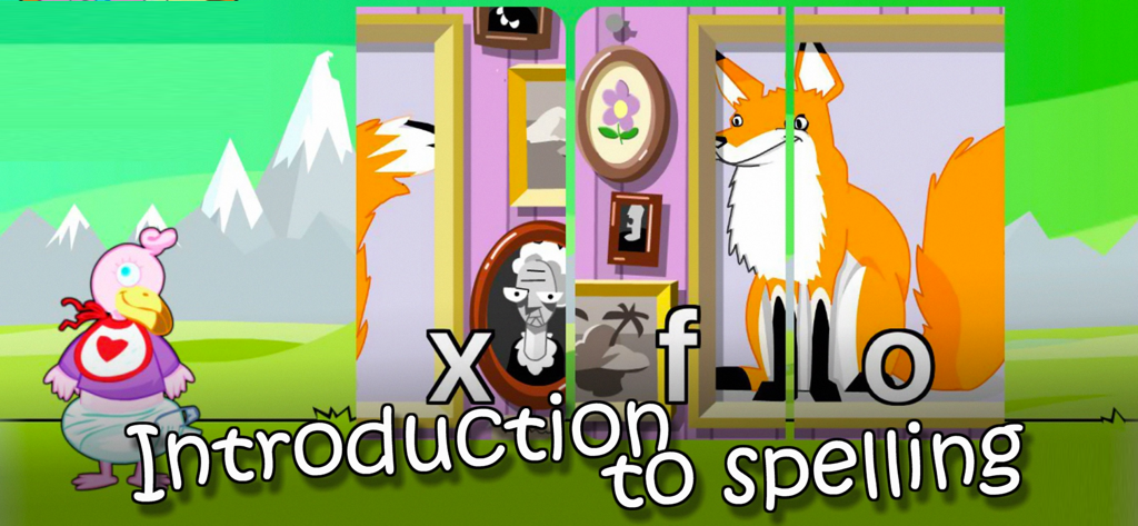An introductory spelling game for kids featuring a fox puzzle and the flamingo character Andrea.