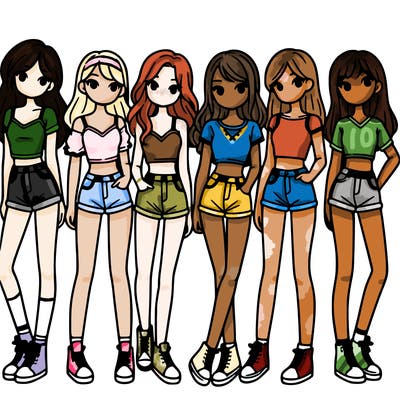 a group of girls wearing crop tops and shorts