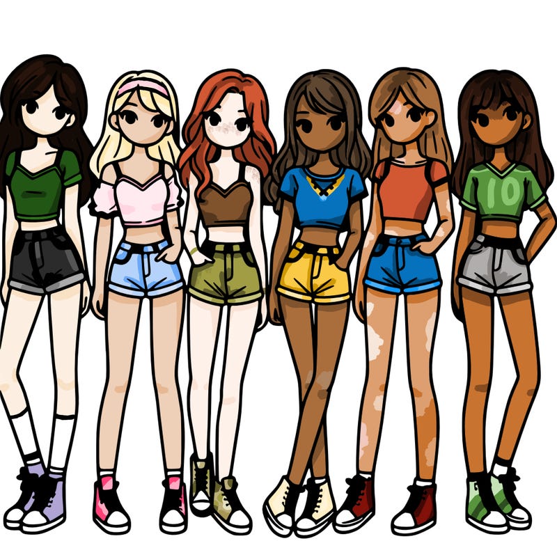 a group of girls wearing crop tops and shorts