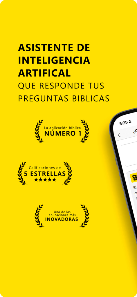 Biblia.chat: Read. Hear. Chat. - Tela promocional do aplicativo Biblia.chat destacando seu assistente de IA para perguntas bíblicas e classificações de 5 estrelas