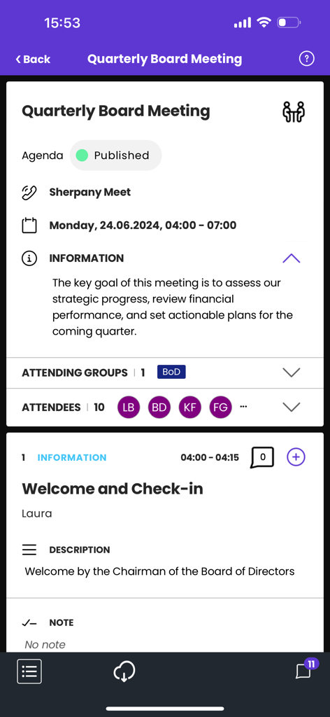 Sherpany - Sherpany app screen displaying a quarterly board meeting agenda with attendee details and meeting goals