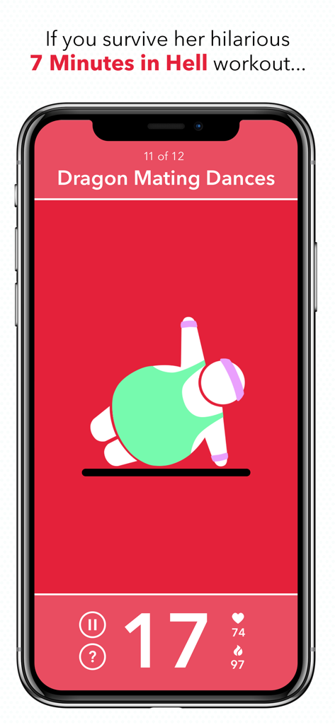 CARROT Fit - Pantalla de la aplicación CARROT Fit que muestra el ejercicio 'Dragon Mating Dances' durante un entrenamiento de '7 Minutes in Hell'.