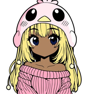 anime girl with chick shaped hat with sweater with bare shoulders with bangs covering them one eye with low tail