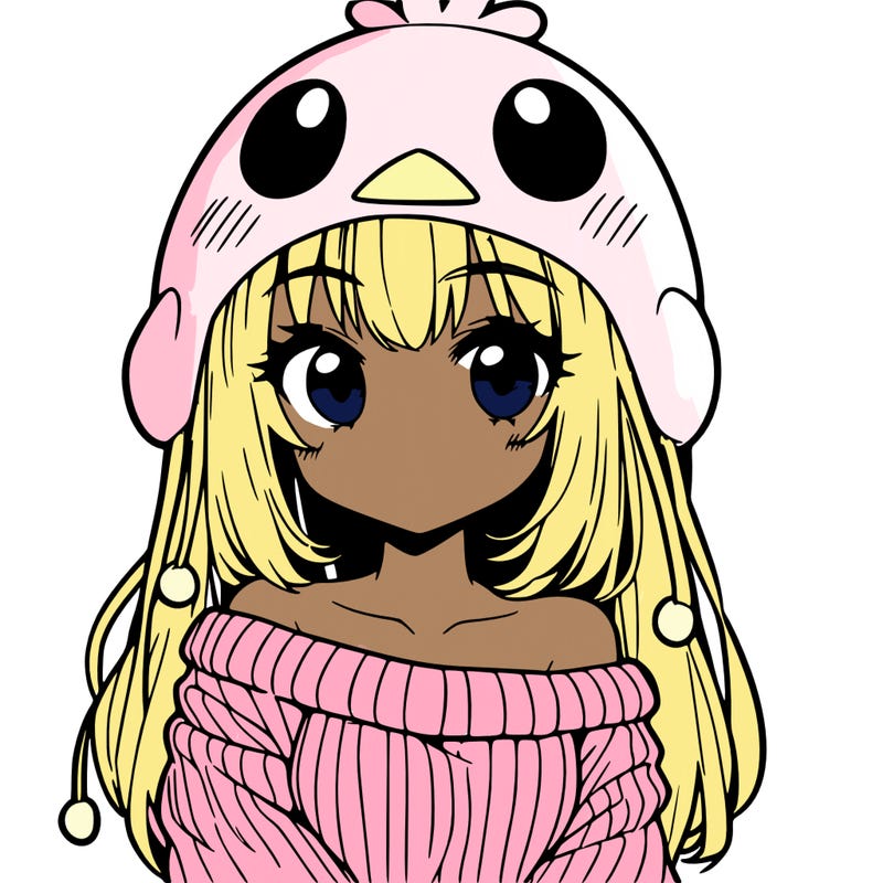 anime girl with chick shaped hat with sweater with bare shoulders with bangs covering them one eye with low tail
