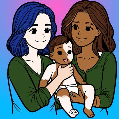 two realistic women holding one baby together