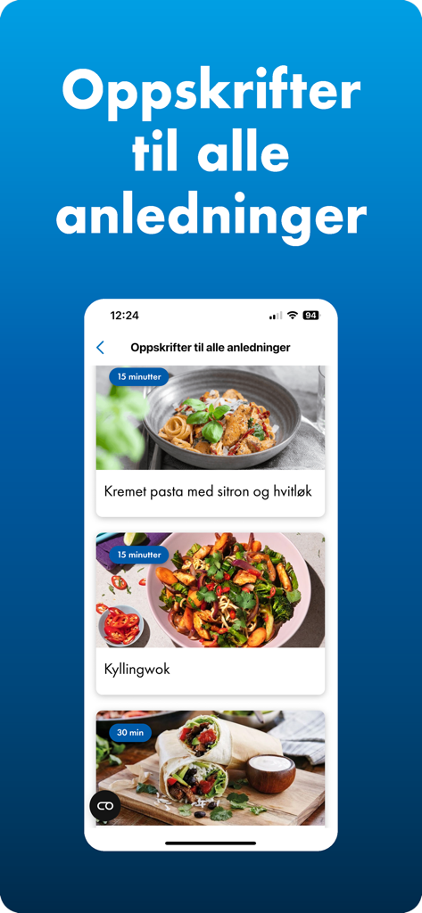 Nordby Supermarket - Mobile app screen showing a variety of recipes for different occasions with preparation times and photos