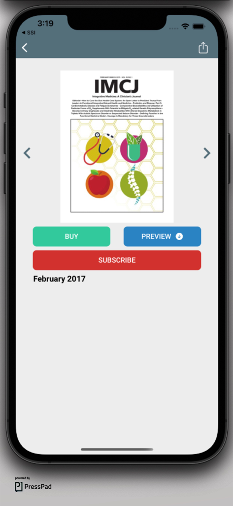 Integrative Medicine - Integrative Medicine journal app interface showing a magazine issue and subscription options