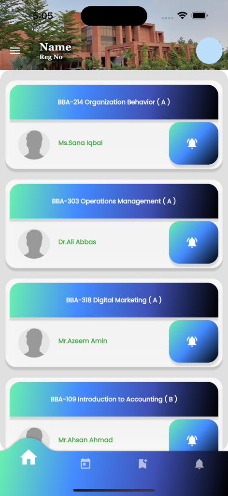 BNU CMS - BNU CMS mobile app interface showing a student dashboard with a list of enrolled courses and instructor names